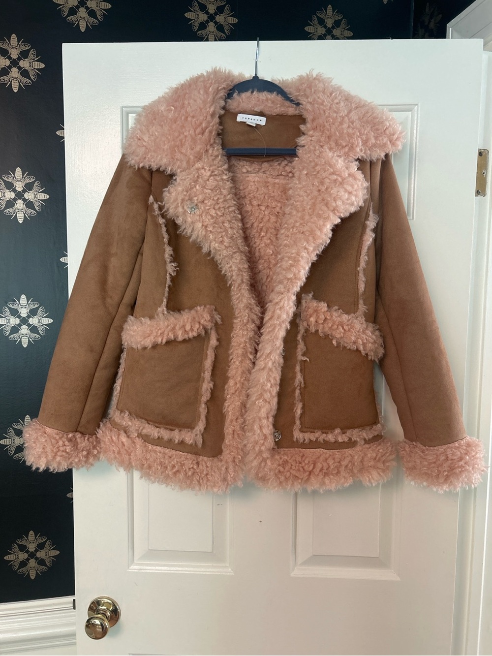 Topshop Faux Shearling Teddy Coat Camel Blush Pink US 2 UK 6